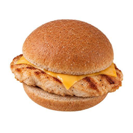 Illustration of Chicken fillet sandwich, grilled, on wheat bun, with cheese