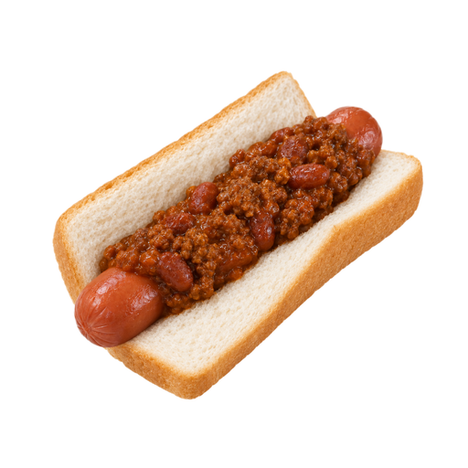 Illustration of Chili hot dog sandwich, on white bread