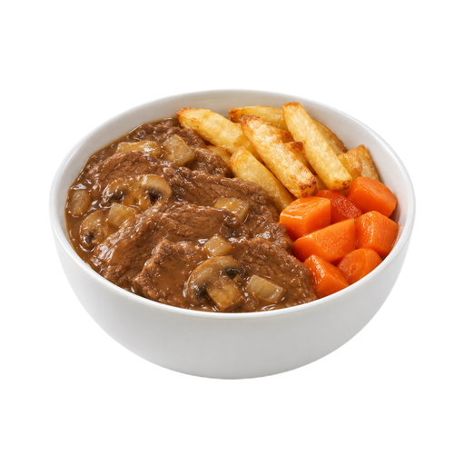 Illustration of Beef, sliced, with gravy, potatoes, vegetable, frozen meal