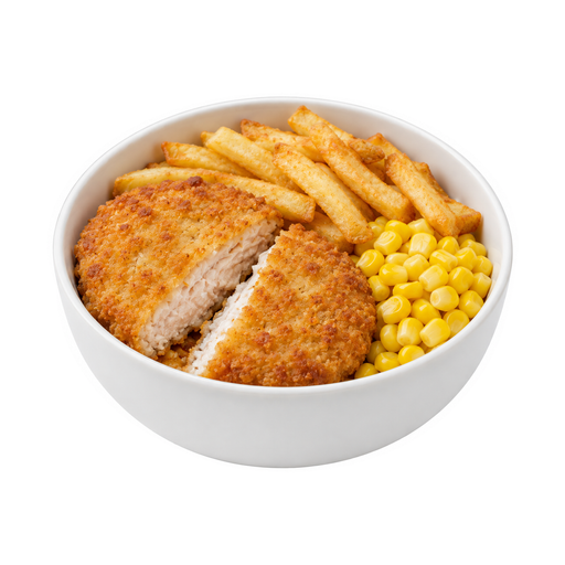 Ilustración de Hamburguesa o nuggets de pollo, sin hueso, empanados, patatas y verduras, comida congelada