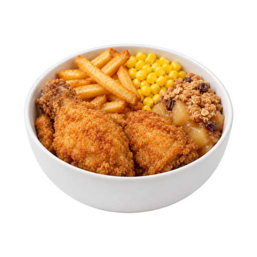 Illustration of Chicken, fried, with potatoes, vegetable, dessert, frozen meal, large meat portion