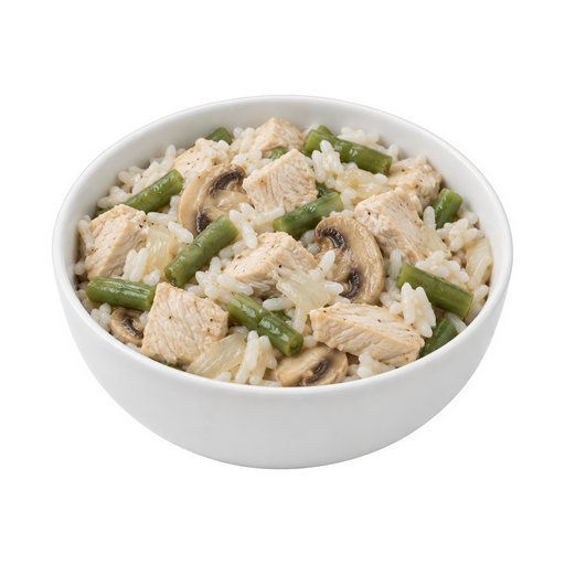 Illustration of Chicken with rice and vegetable, diet frozen meal