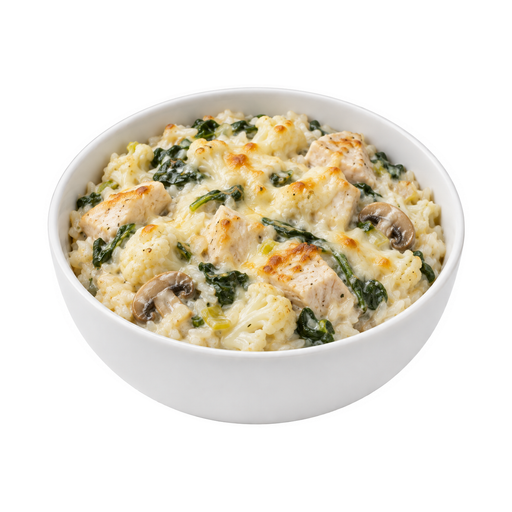 Ilustración de Pollo y verduras gratinados con arroz, plato principal congelado dietético