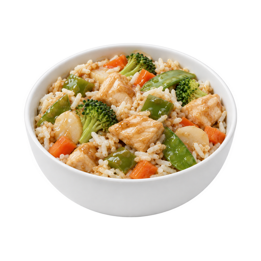 Illustration of Chicken and vegetable entree with rice, diet frozen meal