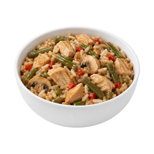Illustration of Chicken in soy-based sauce, rice and vegetables, frozen meal