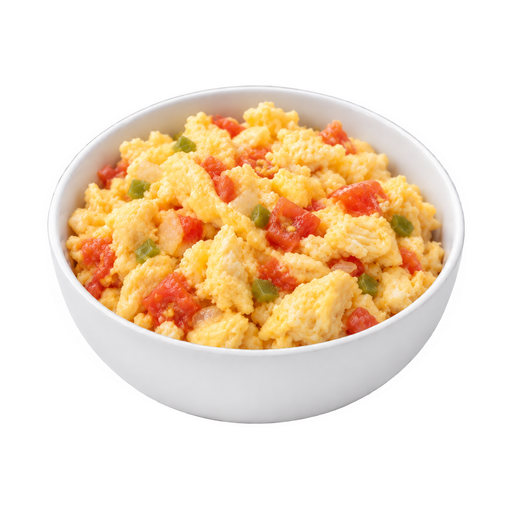 Illustration of Egg omelet or scrambled egg, with tomatoes, fat added