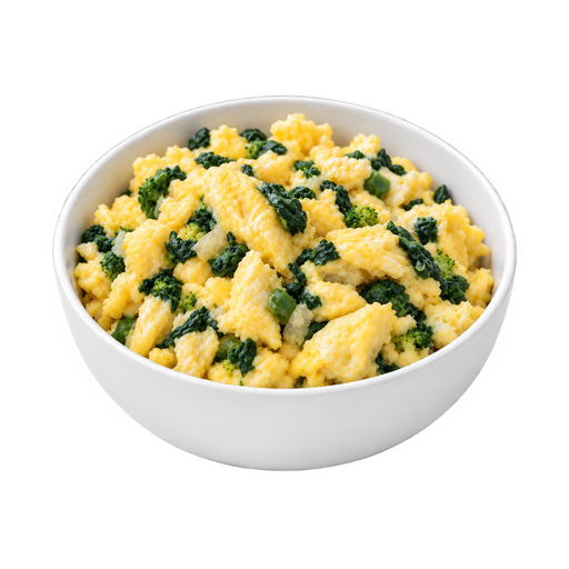 Illustration of Egg omelet or scrambled egg, with dark-green vegetables, fat added