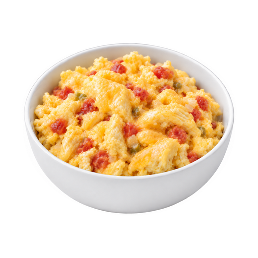 Ilustração de Omelete ou ovo mexido, com queijo e tomates, sem adição de gordura