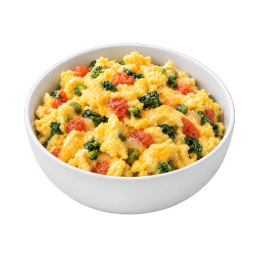 Illustration of Egg omelet or scrambled egg, with cheese, tomatoes, and dark-green vegetables, fat added