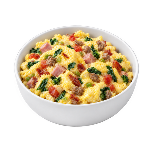 Ilustração de Omelete ou ovo mexido, com carne, tomates e vegetais verde-escuros, sem adição de gordura