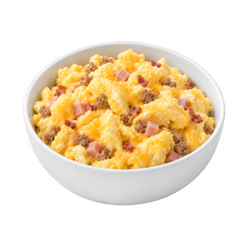 Illustration of Egg substitute, omelet, scrambled, or fried, with cheese and meat