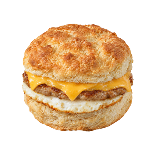 Illustration of Egg sandwich on biscuit, with sausage and cheese