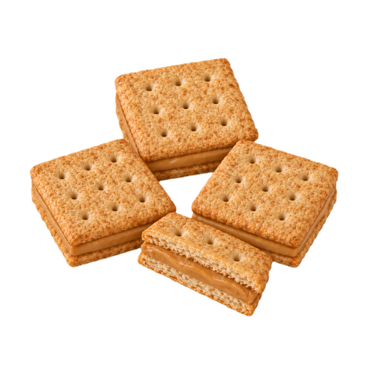 Ilustração de Biscoitos salgados, de grãos integrais, tipo sanduíche, recheados com pasta de amendoim