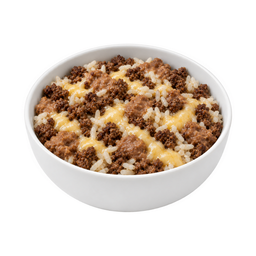 Illustration of Burrito bowl, beef or pork, with beans and rice