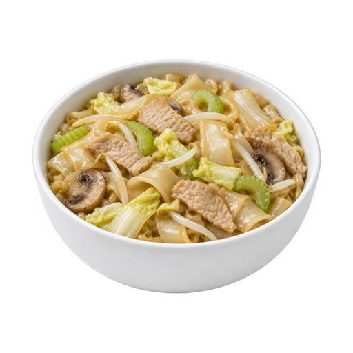 Illustration of Chow fun noodles with meat and vegetables