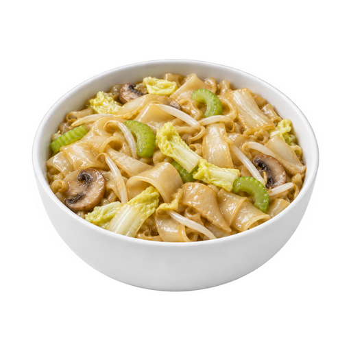 Illustration of Chow fun noodles with vegetables, meatless