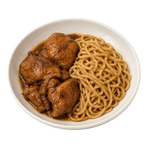 Illustration of chicken adobo with noodles