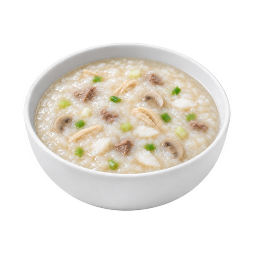 Illustration of Congee, with meat, poultry, and/or seafood, and vegetables